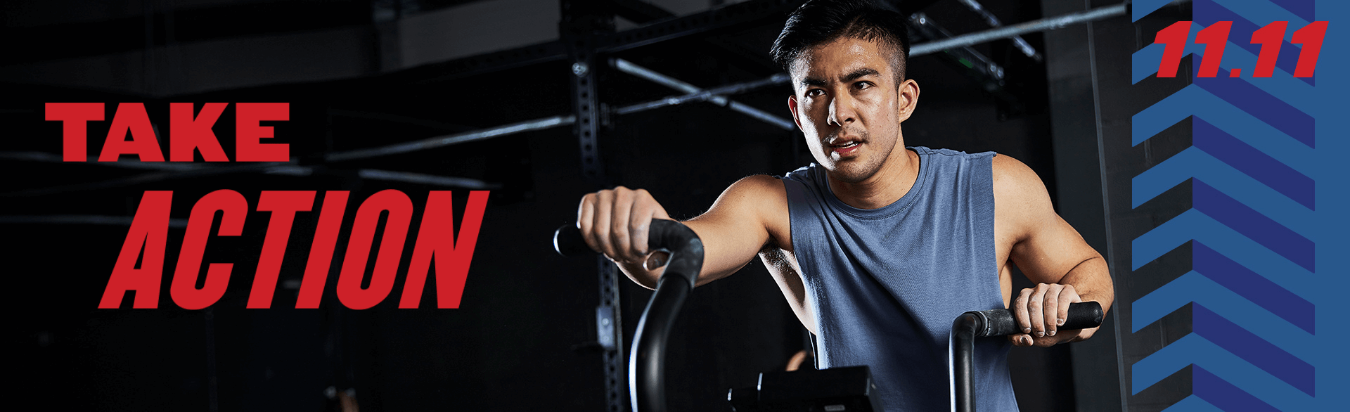 Text: Take Action, Image of Man Exercising